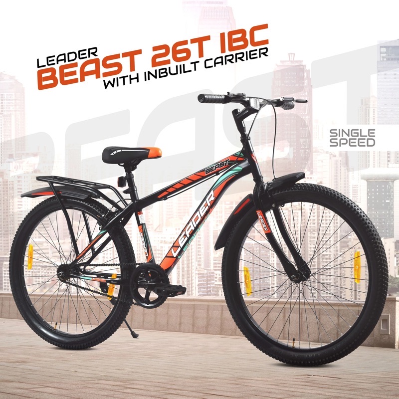 Leader Beast 26T IBC Premium 7 Speed Cycle for Men with inbuilt Carrier | City/Mountain Bike with Front Suspension & Dual Disc Brakes | Gear Bicycle for Men | Ideal for 10+ Years – Matt Black