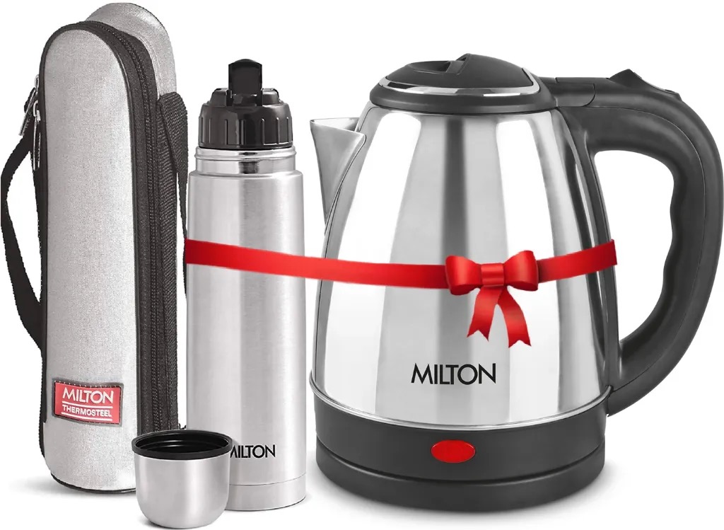 MILTON Combo Set Insta Electric Stainless Steel Kettle, 2 Litres, Silver and Flip Lid Thermosteel Hot or Cold Stainless Steel Water Bottle with Jacket, 750 ml, Silver Electric Kettle